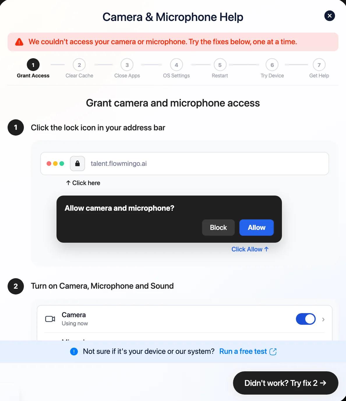 The Camera and Microphone Help guide on step 1 of 7, Grant camera and microphone access