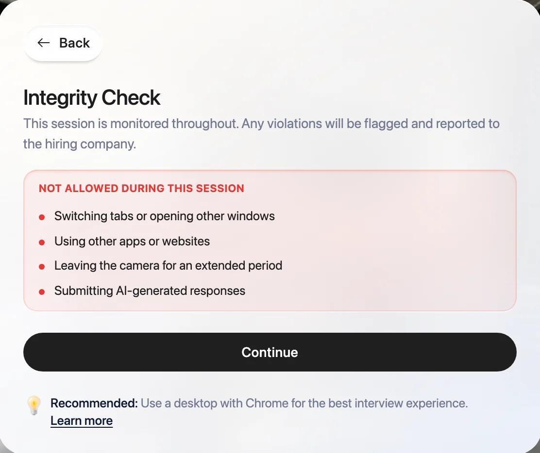 The Integrity Check screen listing what is not allowed during the session