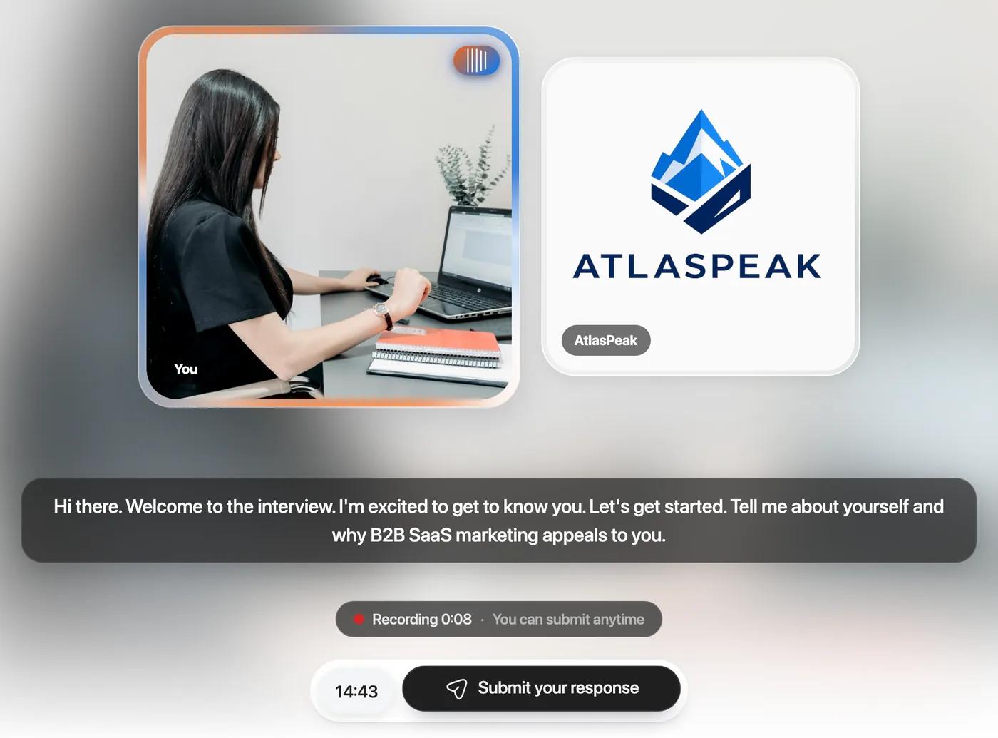 The AI interview room with the question in subtitles, the recording timer and the Submit your response button