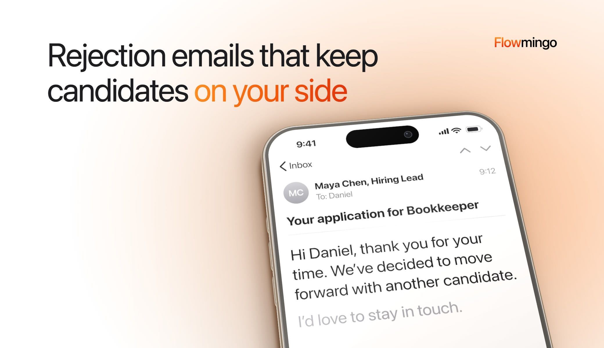A rejection email open on a phone lying on a desk: Maya Chen, Hiring Lead, tells Daniel they've decided to move forward with another candidate