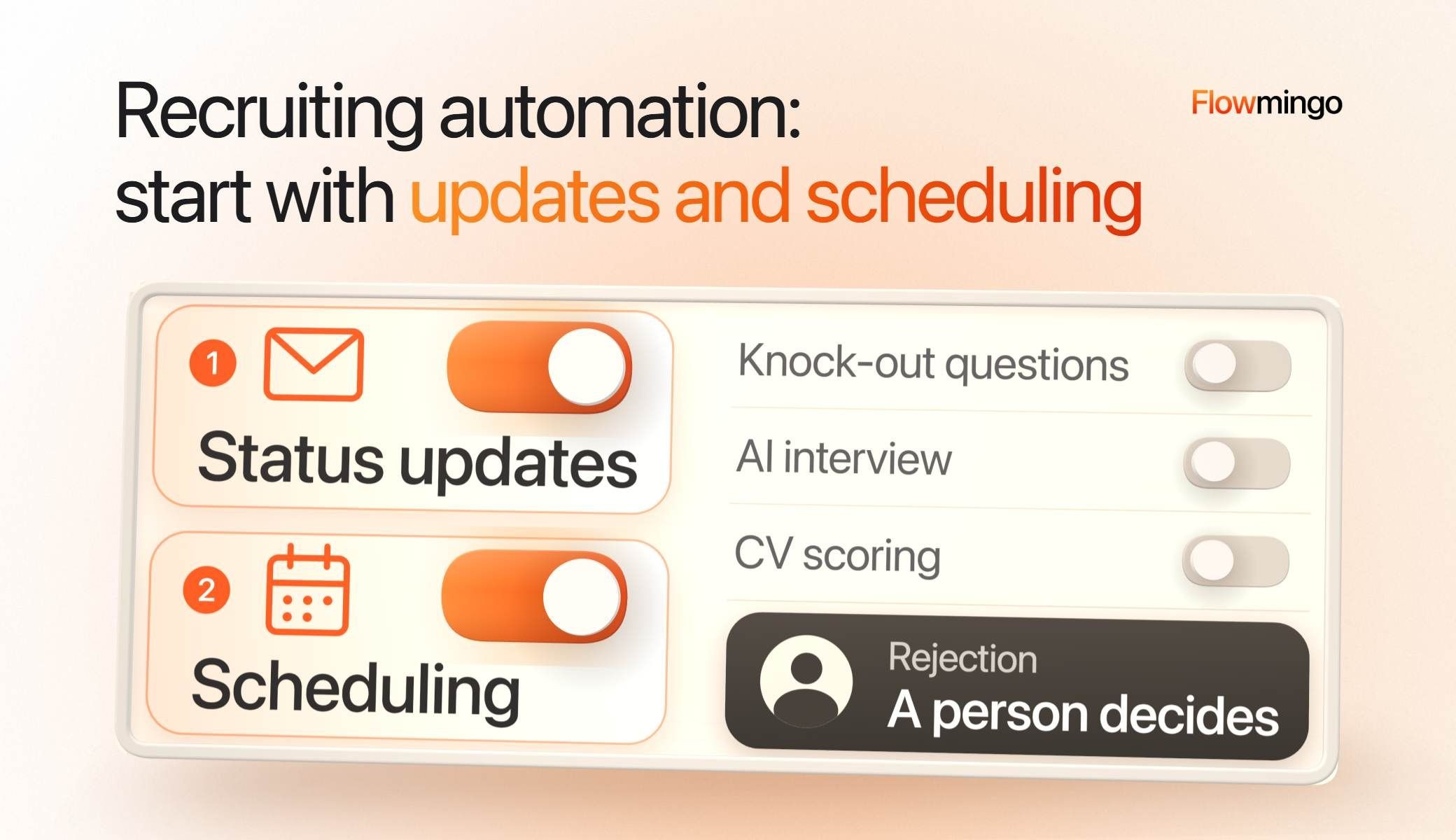 Recruiting automation pictured as a white switch board: two large cards, 'Status updates' (envelope) and 'Scheduling' (calendar), switched on in orange; three quiet grey lines, 'Knock-out questions', 'AI interview' and 'CV scoring', switched off; and a…