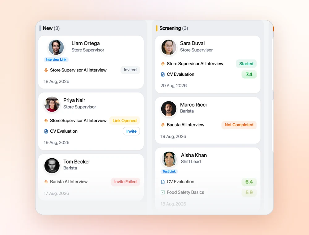 The built-in applicant tracker, with each candidate’s score and next step.