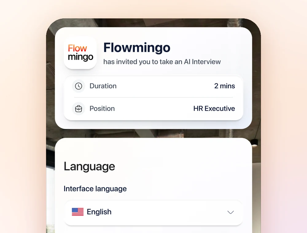 The first screen of an interview link, with the company, the role, the time needed and your language.